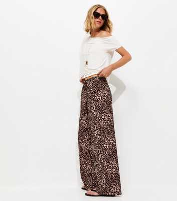 Brown Crepe Leopard Print Wide Leg Trousers