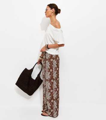Brown Palm Tree Print Wide Leg Trousers