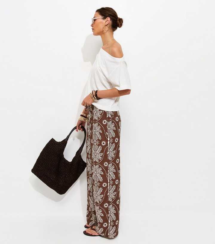 Brown Palm Tree Print Wide Leg Trousers