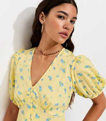 Yellow Crepe Ditsy Print V-Neck Tea Top