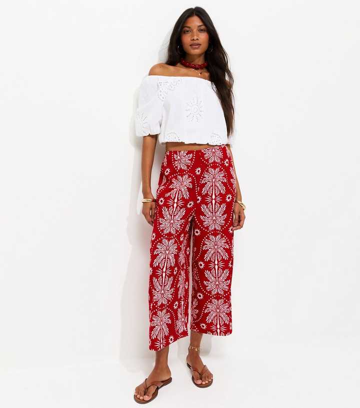 Red Crepe Patterned Palm Tree Print Cropped Trousers