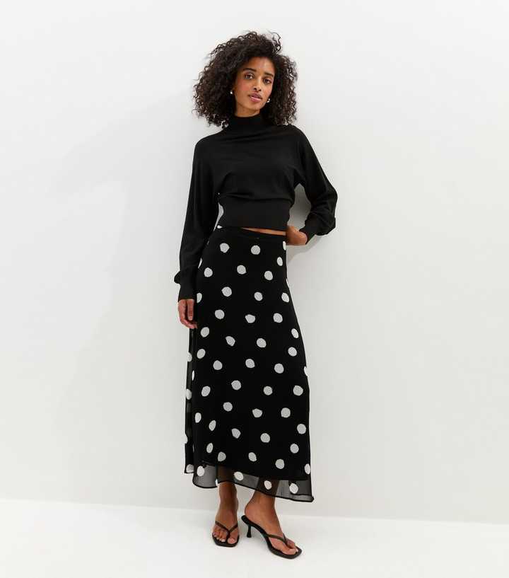 Black Chiffon Polka Dot Bias Cut Midi Skirt