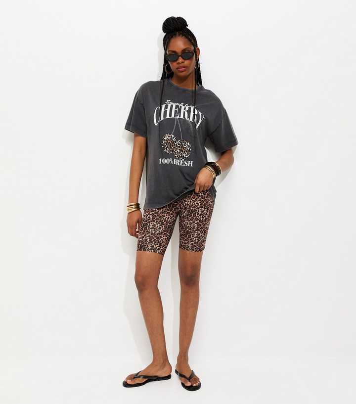 Brown Cotton Rich Leopard Print Cycling Shorts