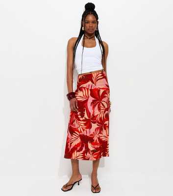 Red Crepe Tropical Print Bias Cut Midi Skirt