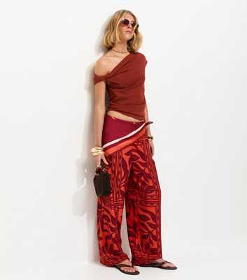 Red Palm Print Drawstring Wide Leg Trousers
