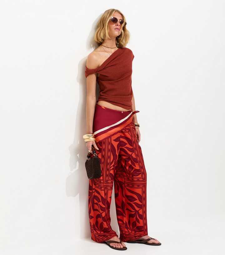 Red Palm Print Drawstring Wide Leg Trousers