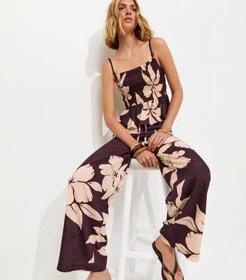 Brown Hibiscus Print Wide Leg Trousers