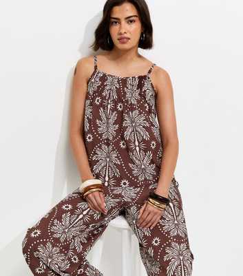 Brown Crepe Sun Patterened Bead Cami Strap Top