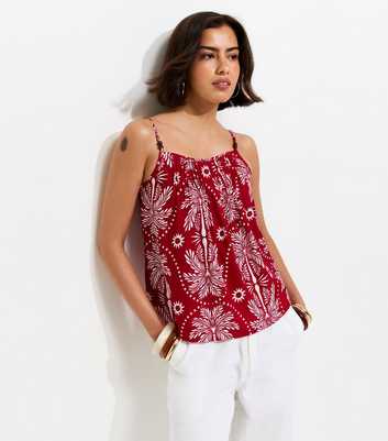 Red Crepe Sun Patterened Bead Cami Strap Top