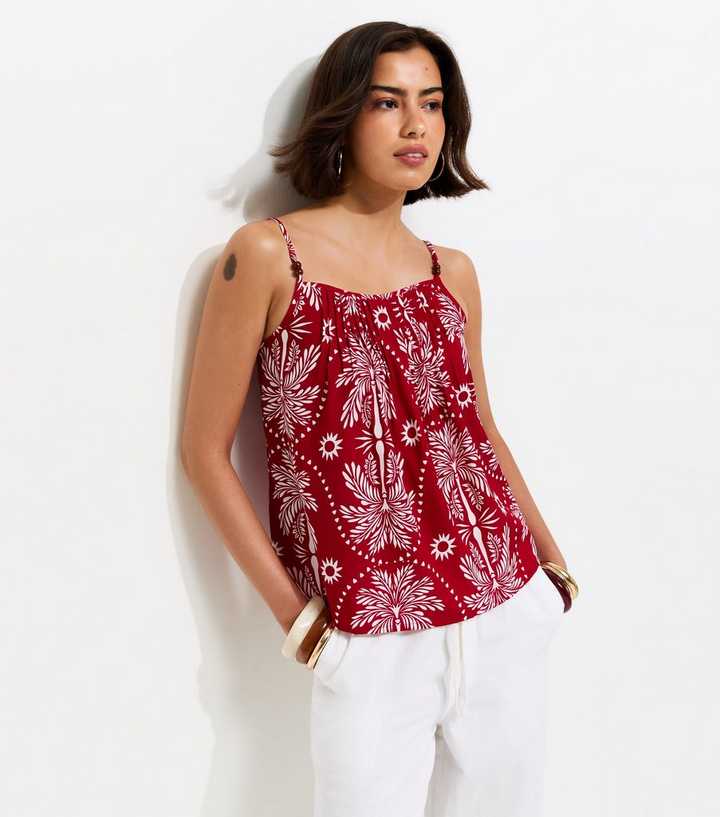 Red Crepe Sun Patterened Bead Cami Strap Top
