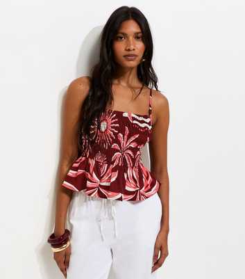 Burgundy Palm Print Shirred Cami Top