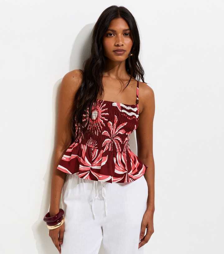 Burgundy Palm Print Shirred Cami Top
