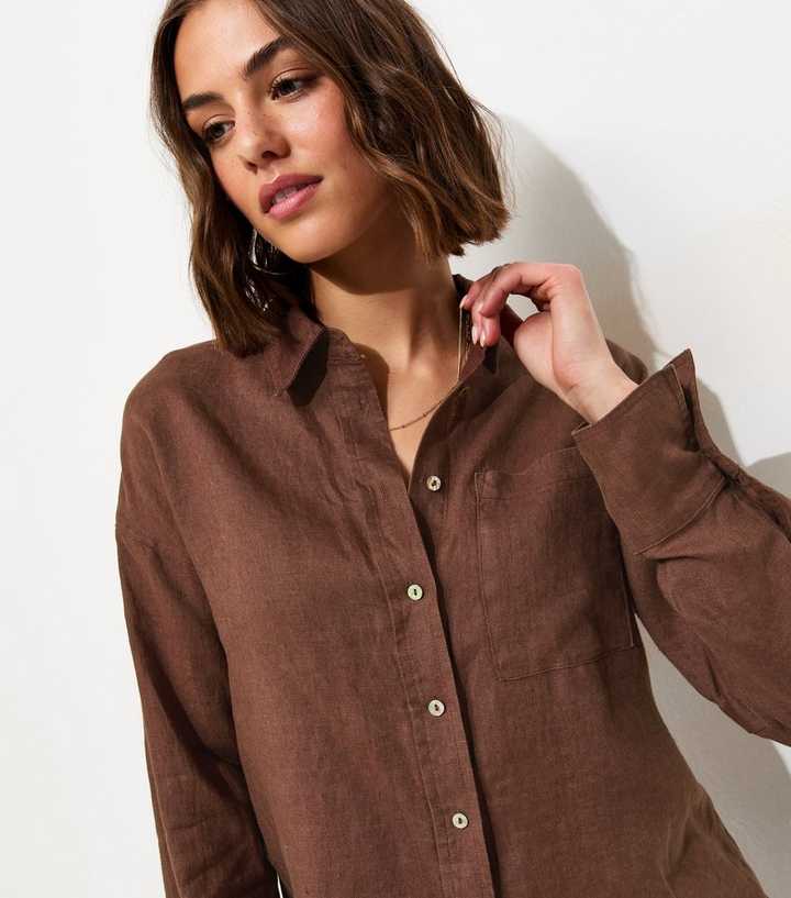 Brown Pure Linen Oversized Long Sleeve Shirt