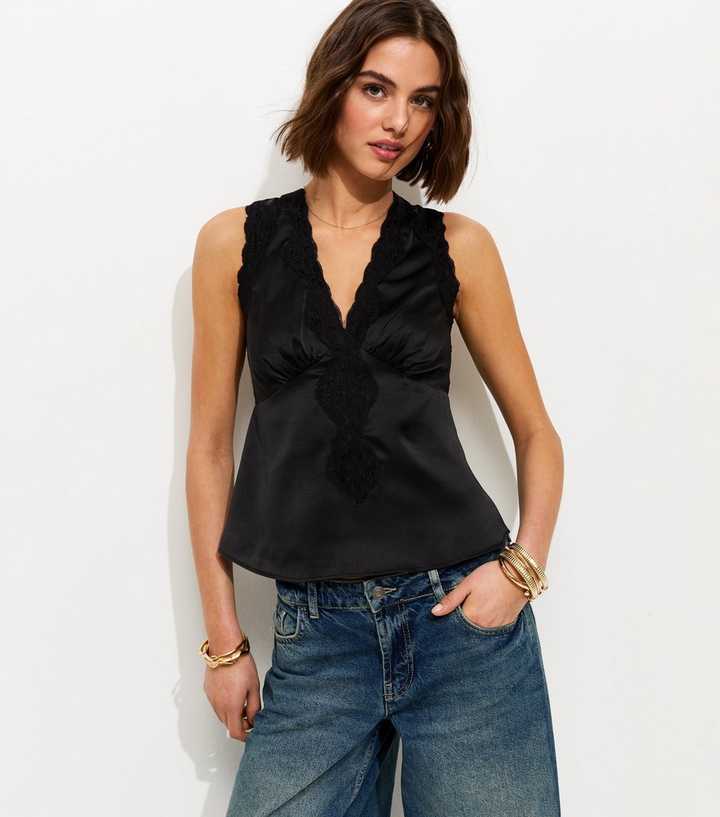 Black Satin Lace Trim Sleeveless Top