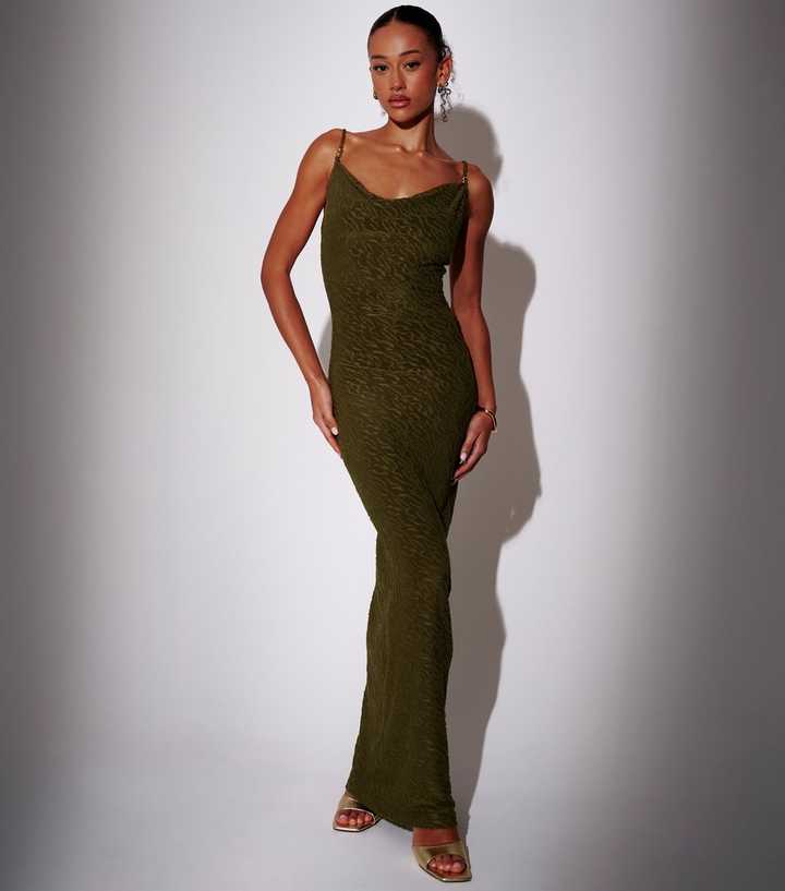 South Beach Khaki Textured Cowl Neck Maxi Dress