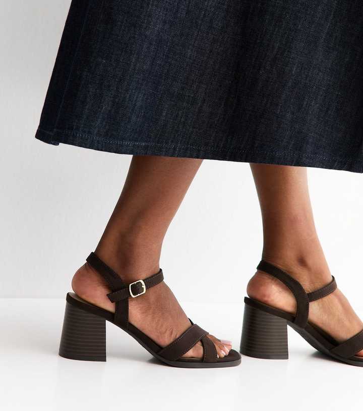 Dark Brown Faux Suede Crossover Strap Sandals