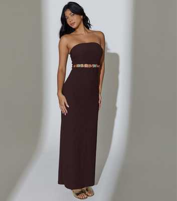 South Beach Brown Textured Bead Trim Bandeau Maxi Dress