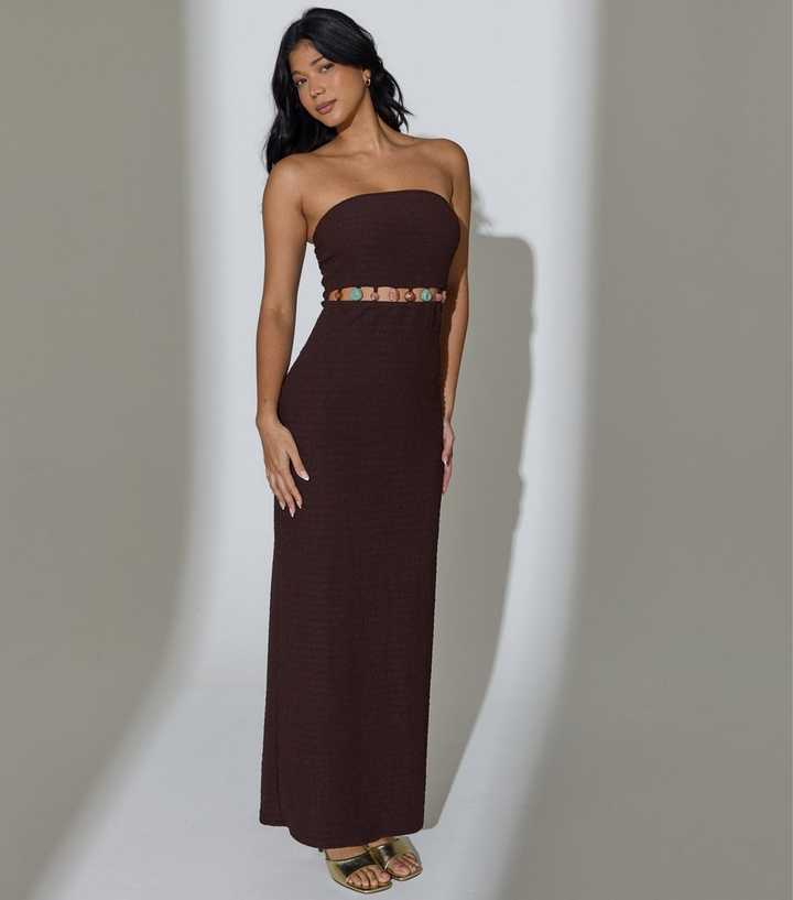 South Beach Brown Textured Bead Trim Bandeau Maxi Dress