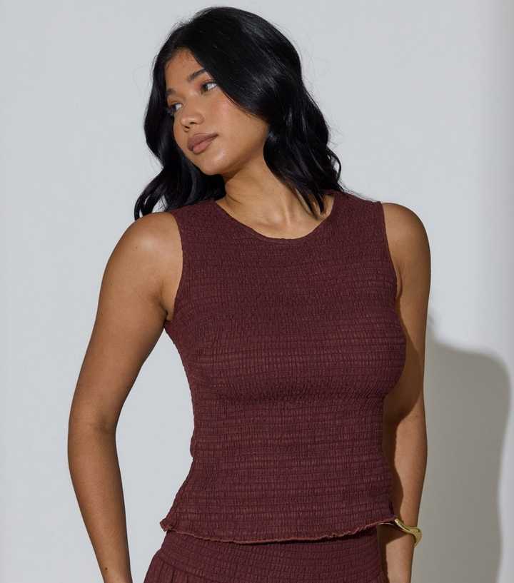 South Beach Dark Brown Shirred Sleeveless Top