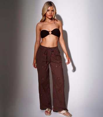 South Beach Brown Starfish Embroidered Wide Leg Trousers