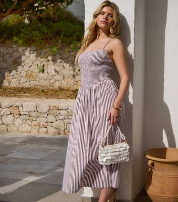 South Beach Brown Striped Smocked Midi Dress
