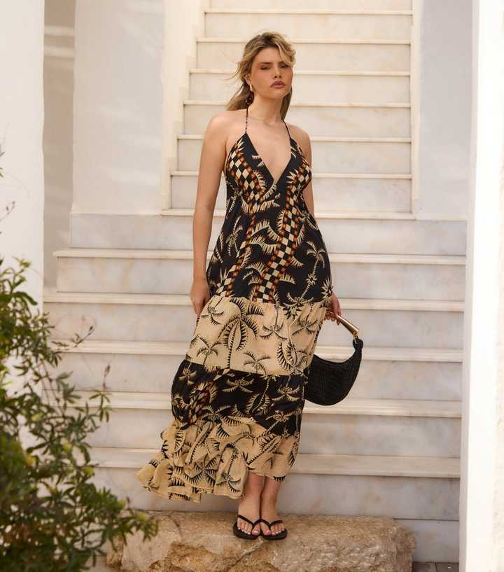 South Beach Black Tiered Halterneck Maxi Dress