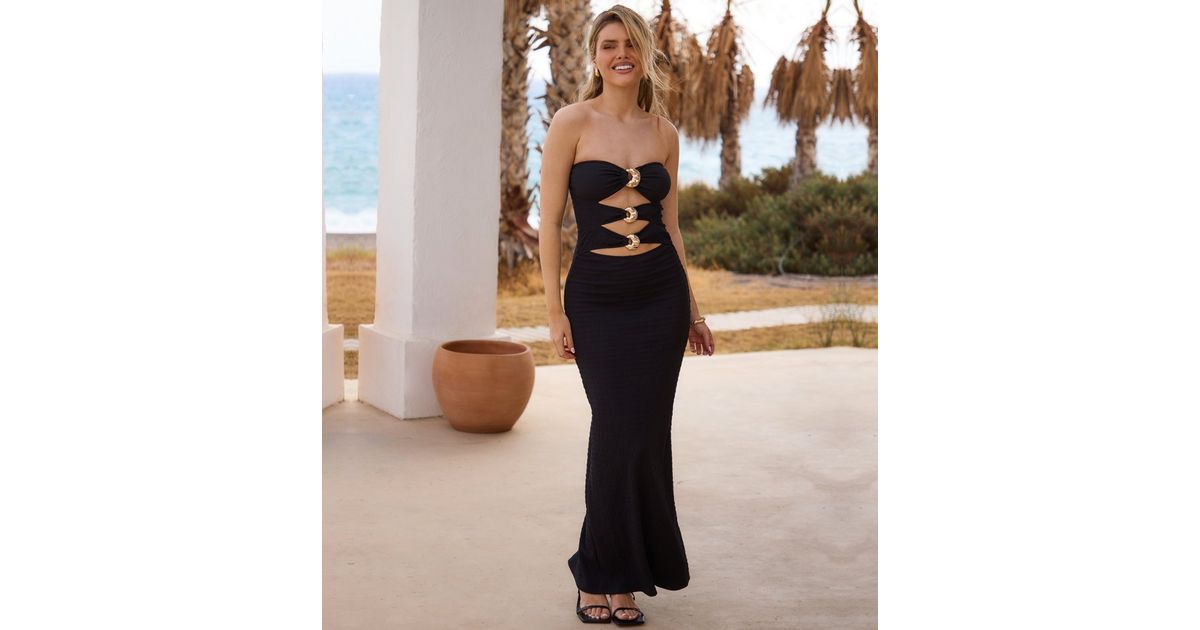 sachin and babi light blue dress Abercrombie & Fitch strapless maxi dress in black with matching scarf main image 0
