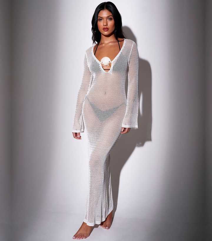 South Beach White Crochet Flared Sleeve Maxi Dress