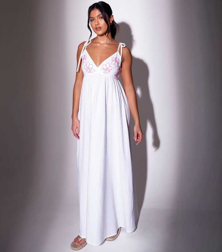 South Beach White Flower Embroidered Maxi Dress
