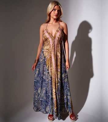 South Beach Brown Leaf Print Halterneck Maxi Dress