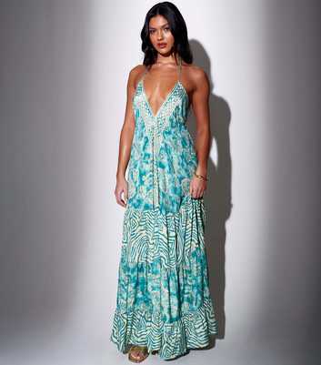 South Beach Turquoise Printed Halter Neck Maxi Dress