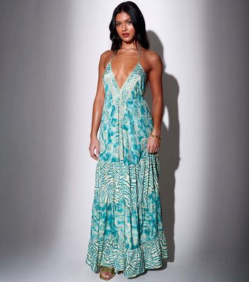 South Beach Turquoise Printed Halter Neck Maxi Dress | New Look