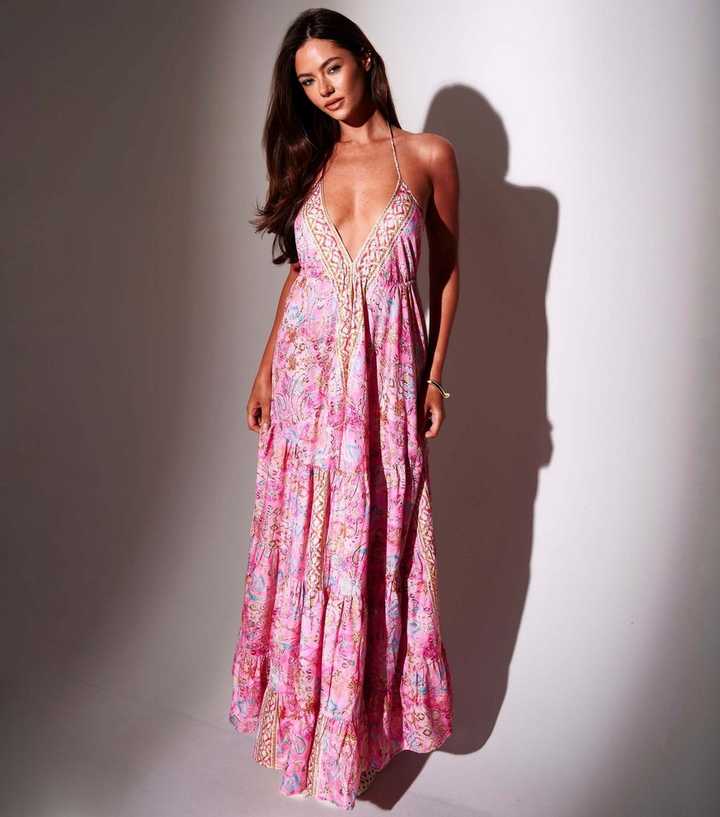 South Beach Pink Printed Halter Neck Maxi Dress