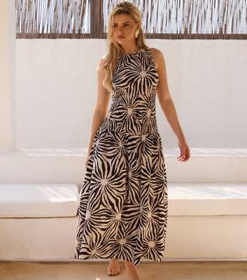 South Beach Black Sunburst Print Shirred Midi Dress
