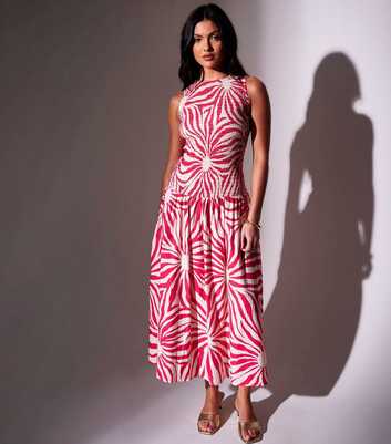 South Beach Dark Pink Sunburst Print Shirred Maxi Dress
