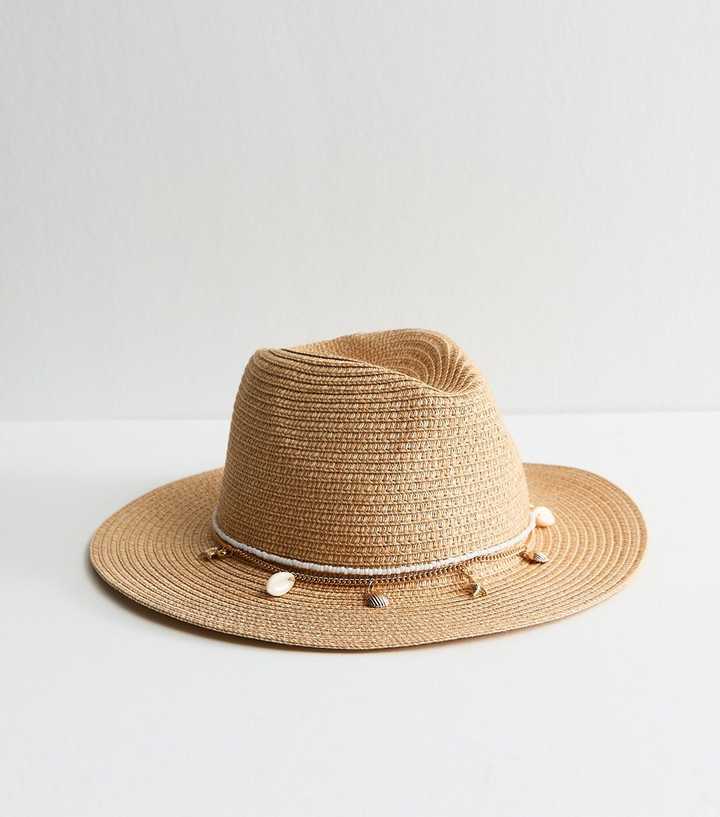 Stone Beaded Shell Trim Straw Fedora Hat | New Look display picture 2