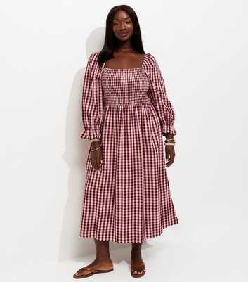 Curves Pink Cotton Blend Gingham Print Cropped Sleeve Shirred Midi Dress