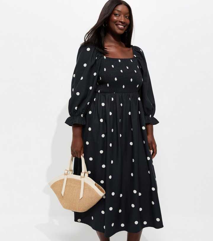 Curves Black Polka Dot Shirred Cropped Sleeve Midi Dress