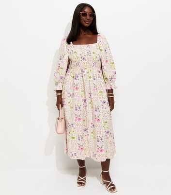 Curves Cream Floral Print Cropped Sleeve Shirred Midi Dress