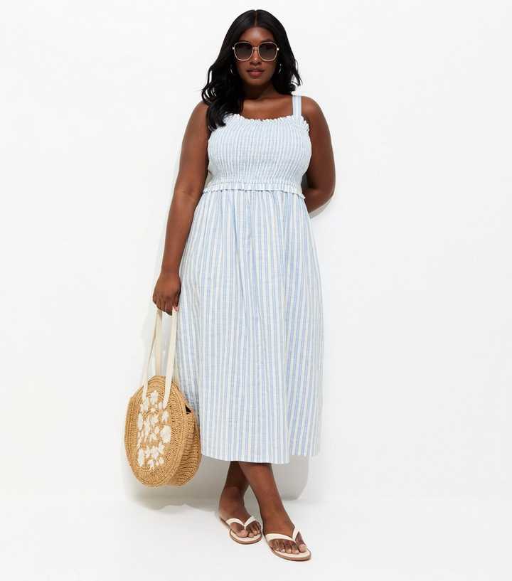Curves Blue Striped Shirred Midi Dress