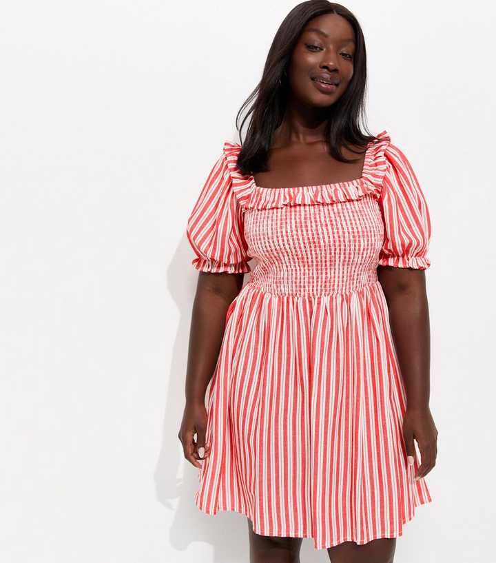 Curves Red Cotton Rich Striped Shirred Mini Dress