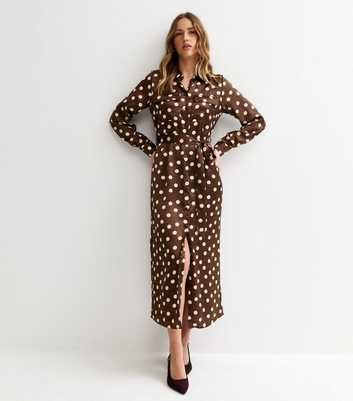Brown Satin Polka Dot Midi Shirt Dress