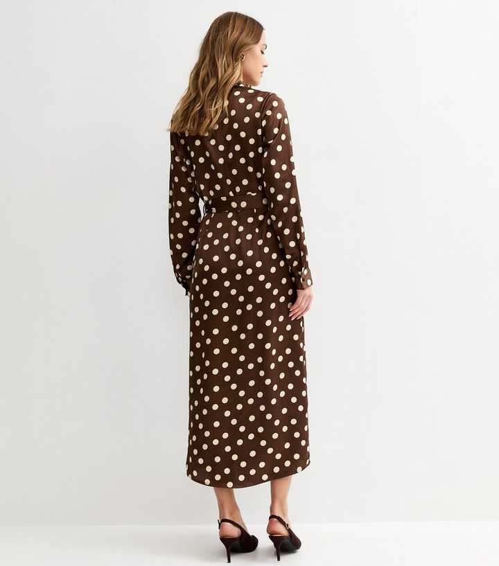 Brown Satin Polka Dot Midi Shirt Dress | New Look