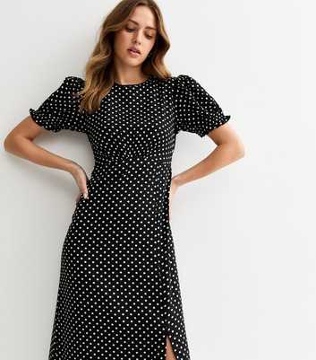 Black Spot Print Crepe Midi Dress