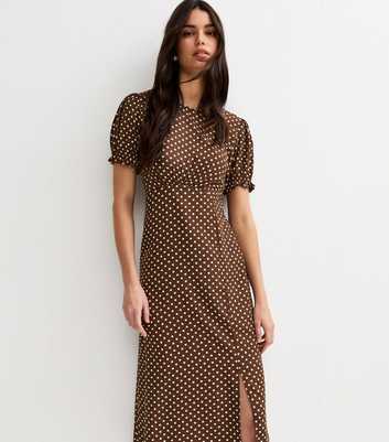 Brown Spot Print Crepe Midi Dress