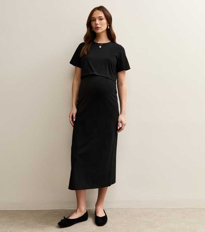Maternity Black Layered Crew Neck Nursing Midi Dress