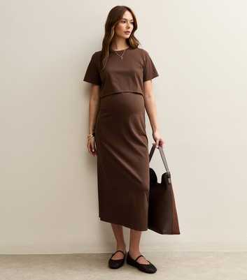 Maternity Dark Brown Layered Crew Neck Nursing Midi Dress