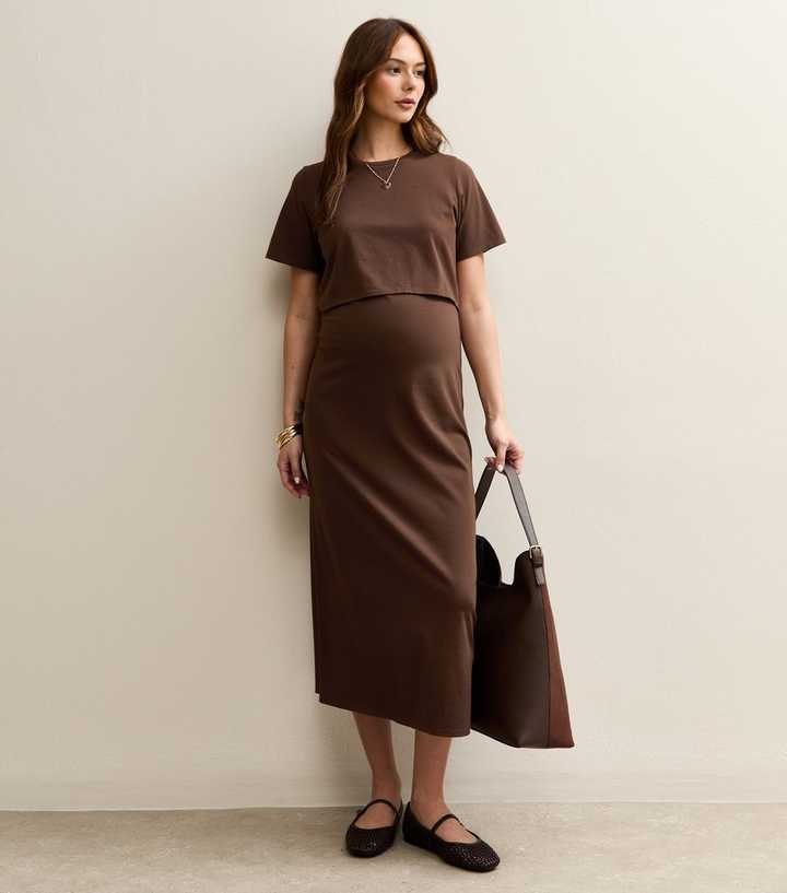 Maternity Dark Brown Layered Crew Neck Nursing Midi Dress | New Look