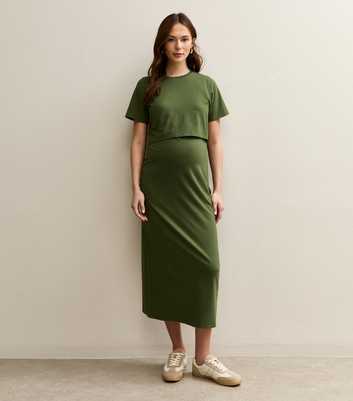Maternity Dark Khaki Layered Crew Neck Nursing Midi Dress