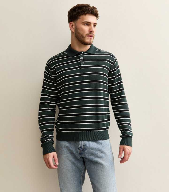 Jack & Jones Green Regular Striped Polo Jumper